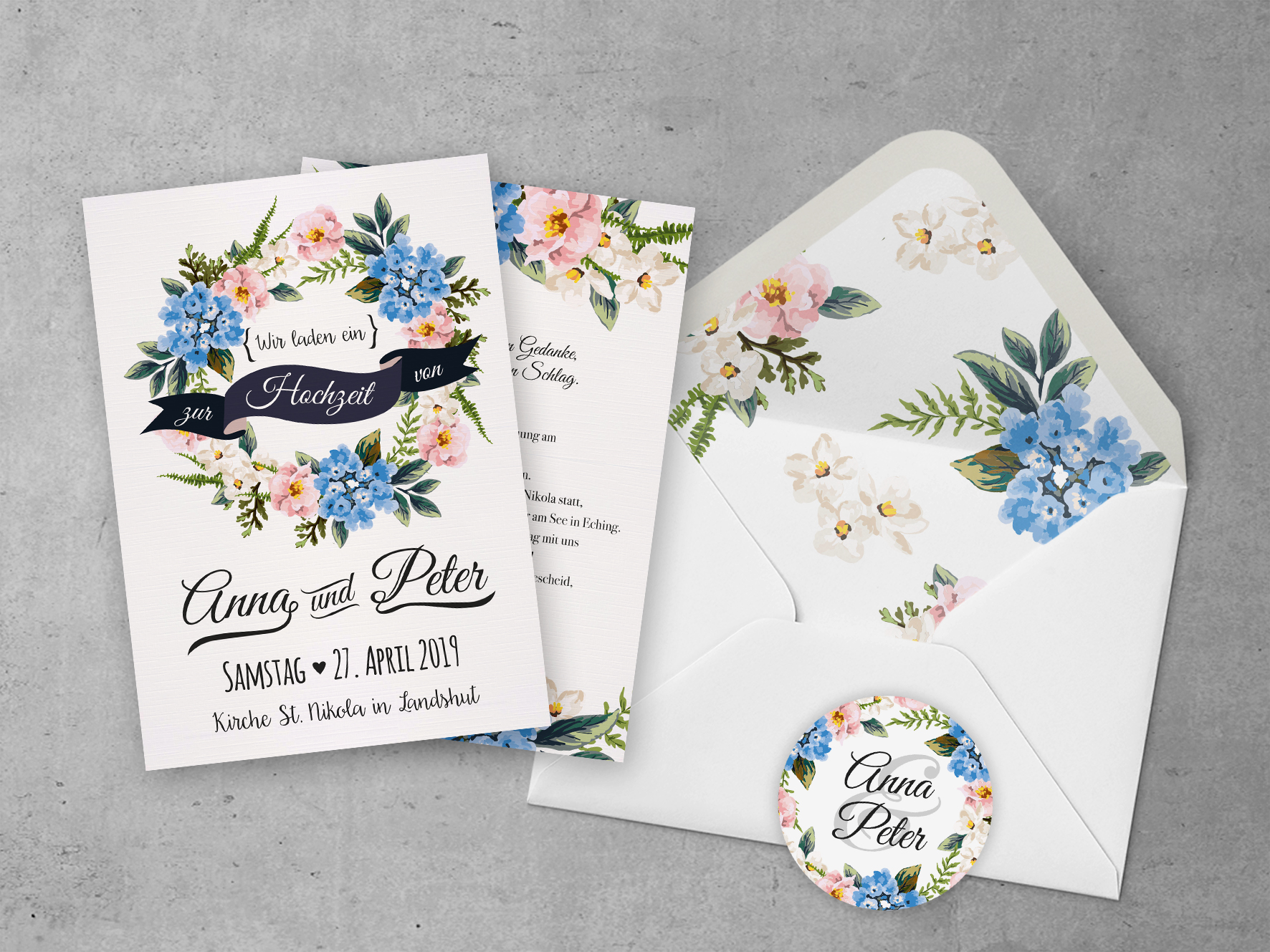 Einladungskarten Hochzeit Fruhling Hortensie Rosa Hellblau Aquarell Blumen Papermaid